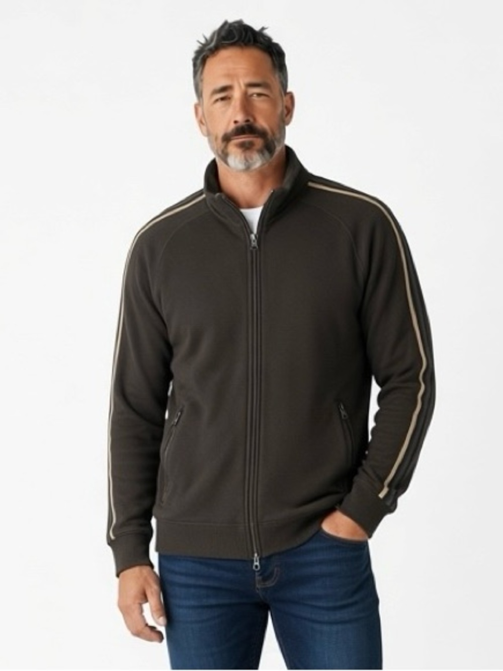 Banana Republic Mens 100% Cotton Full Zip sweater Jacket Brown Stripe Medium